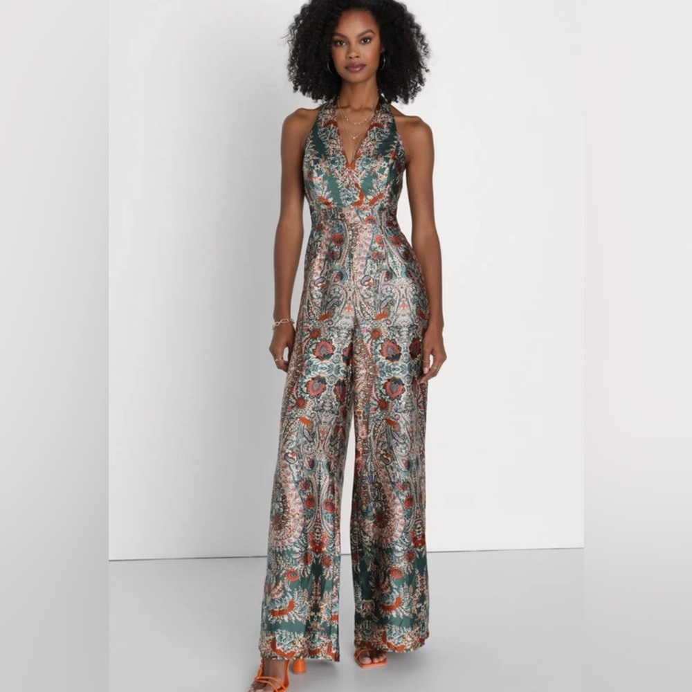 Lulu’s Divine Wanderings Teal Green Scarf Print Jumpsuit